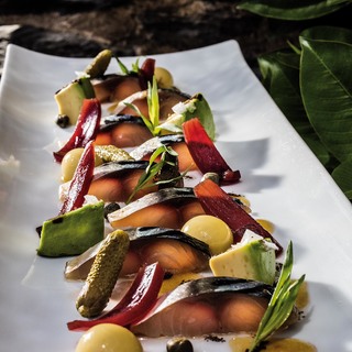 Pickled mackerel with caulifloer  ceps and codium seaweed   photofrancesc guillamet