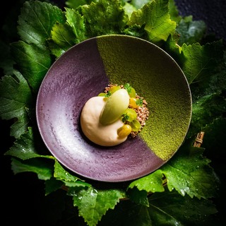 Singlethread farm grape sorbet with ginger sabayon  amaranth  and matcha (taken by john troxell)